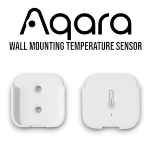 Può includere: Due sensori di temperatura da parete Aqara bianchi. Il testo "Aqara" è sopra il testo "WALL MOUNTING TEMPERATURE SENSOR". Un sensore ha due fori, l'altro ha un'icona del termometro.
