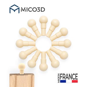 Pode incluir: Um conjunto de onze pinos cilíndricos de cor branco-sujo com cabeça esférica dispostos em círculo. Um pino adicional está inserido num bloco de madeira clara. A imagem inclui o texto MICO3D e MADE IN FRANCE com uma bandeira.