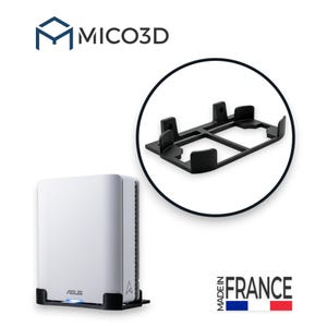 May include: A white ASUS router mounted in a black plastic bracket, with a separate black plastic mounting frame shown in a circle. The text MICO3D is at the top, and the text MADE IN FRANCE with a French flag icon is at the bottom right.