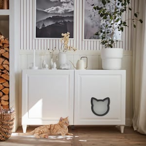 Puede incluir: Un armario blanco con un recorte en forma de gato en la puerta. Un gato atigrado jengibre está acostado en el suelo frente al armario. El armario está decorado con jarrones blancos y una planta en maceta.