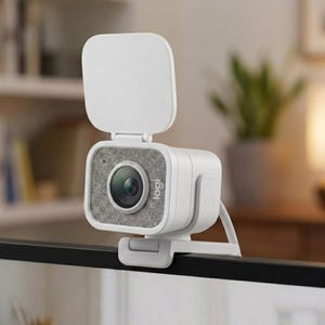 Peut inclure: Une webcam blanche avec une façade en tissu gris et un objectif central. L'appareil dispose d'un panneau lumineux blanc rectangulaire et vertical fixé sur le dessus, ainsi qu'un support de montage réglable blanc pour le bord d'un écran.