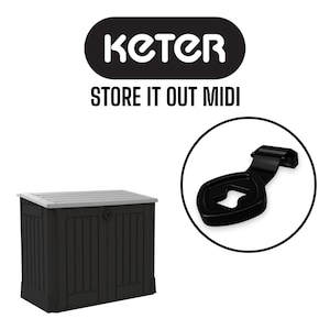 Könnte beinhalten: Eine schwarze Keter Store It Out Midi Aufbewahrungsbox mit grauem Deckel und einem schwarzen Clip. Die Box hat eine rechteckige Form mit vertikalen Paneelen. Der Text "Keter" und "STORE IT OUT MIDI" sind darüber abgebildet.