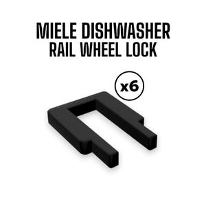May include: Black Miele dishwasher rail wheel lock. The image shows six black locks. The text at the top of the image reads "MIELE DISHWASHER RAIL WHEEL LOCK."