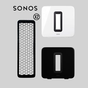 May include: A product shot of Sonos audio equipment. The image features a black and white subwoofer, a black honeycomb-patterned speaker cover, and a white speaker. The Sonos logo is visible.