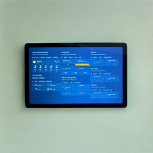 May include: A black tablet displaying a smart home control interface, mounted on a light green wall. The screen shows various room controls, temperature readings, and weather information. The interface is primarily blue with white text.