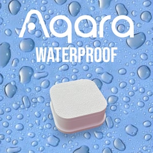 May include: A white, square-shaped product with rounded edges, labelled "Aqara WATERPROOF" in white text. The product is set against a light blue backdrop with water droplets.