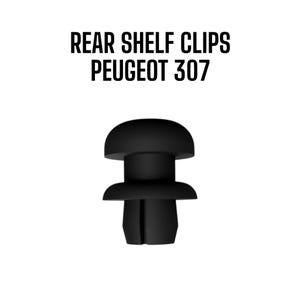 May include: Black rear shelf clip for Peugeot 307. The clip is made of a solid, matte black material. The text "REAR SHELF CLIPS PEUGEOT 307" is printed in bold, black letters above the clip.