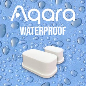 May include: Two white, rectangular objects with rounded edges, possibly electronic components, are shown against a blue background with water droplets. The word "Aqara" and the word "WATERPROOF" are in white text.