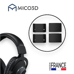 Puede incluir: Auriculares negros con diadema y almohadillas acolchadas, acompañados de cuatro pequeños soportes de montaje rectangulares negros con orificios para tornillos, mostrados dentro de un círculo. La imagen incluye el texto MICO3D y MADE IN FRANCE.