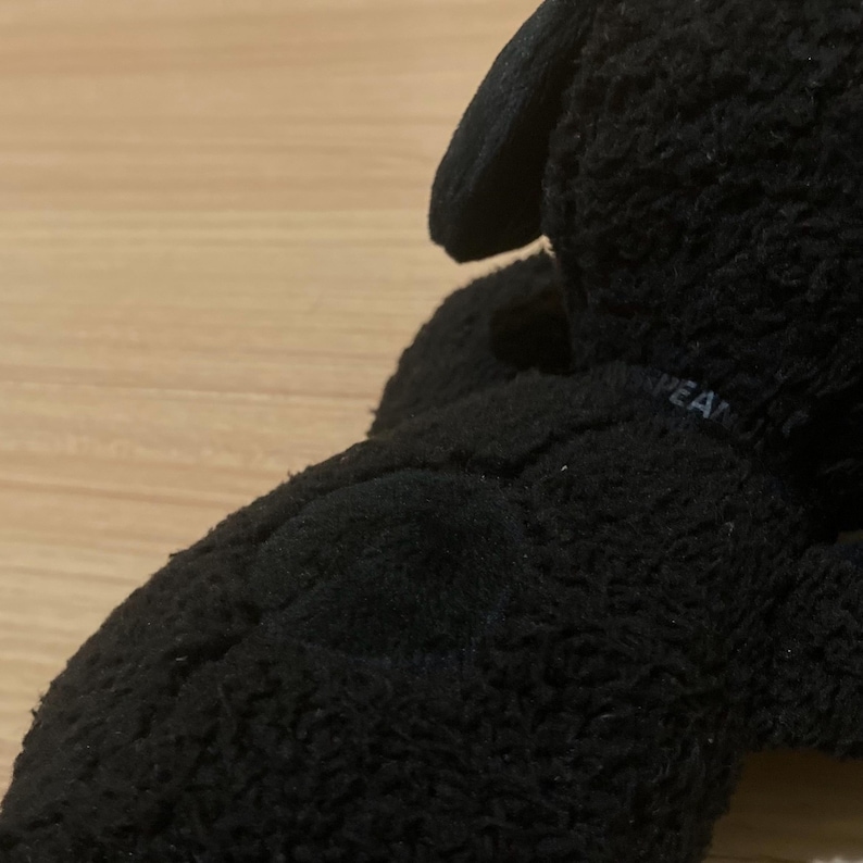 May include: Close-up of a black plush toy with the word "PEANUTS" embroidered on the side. The toy has a soft, textured surface and a rounded shape. The image is well-lit, highlighting the details of the plush material.