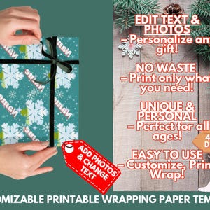 Modelo de papel de embrulho com foto personalizado | Embrulho de presente para impressão faça você mesmo | Design digital editável para presentes personalizados de feriado, aniversário e especiais