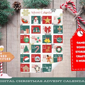 Puede incluir: Un calendario de adviento digital de Navidad con 24 actividades vinculadas. El calendario presenta un diseño festivo con ilustraciones de iconos navideños, como un muñeco de nieve, una estrella, un reno y un hombre de jengibre. El calendario está impreso en papel blanco y tiene un esquema de color rojo y verde.