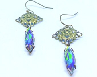 Vintage Green Crystal and Brass Drop Earrings