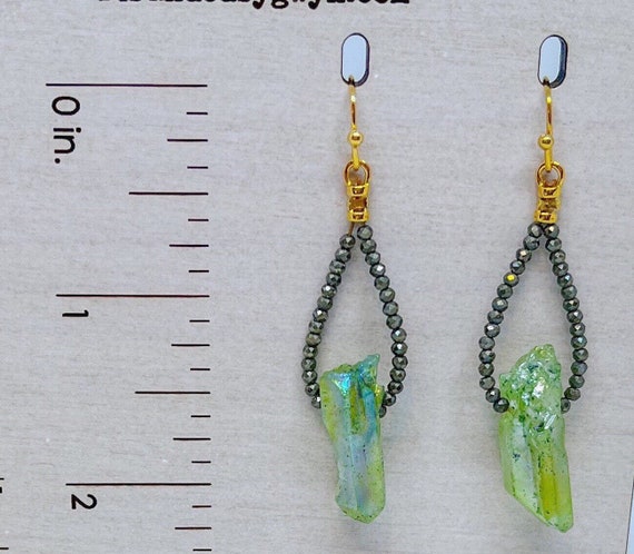 Lime Green Quartz Spike and Pyrite Earrings