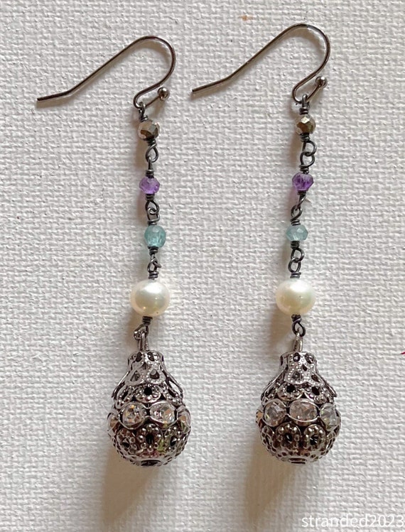 Baroque Gem and Gunmetal Earrings