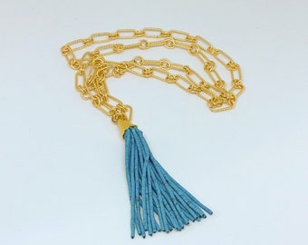 Turquoise Tassel and Gold Chain Necklace