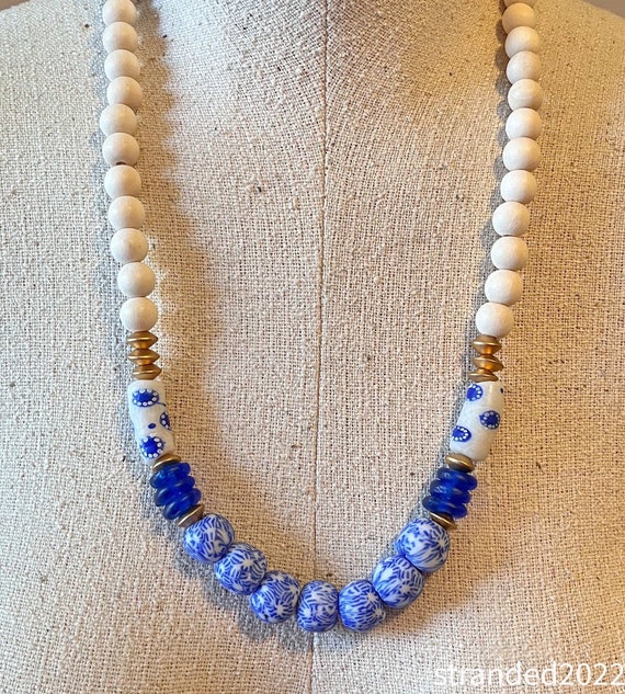 Classic Blue and White Recycled Glass and Wood Necklace