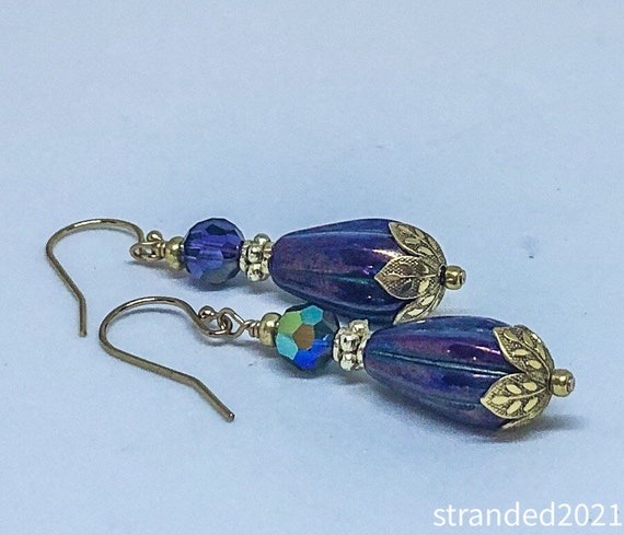 Purple Glass and Swarovski Crystal Earrings
