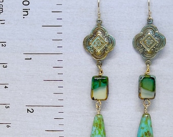 Antique Brass and Czech Glass Earrings