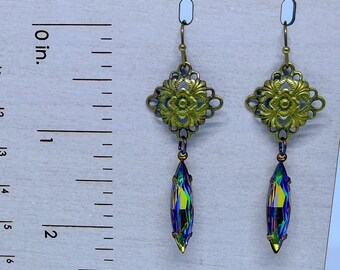 Vintage Green Crystal and Brass Drop Earrings