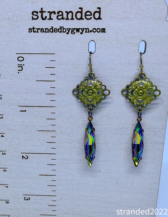 Vintage Green Crystal and Brass Drop Earrings