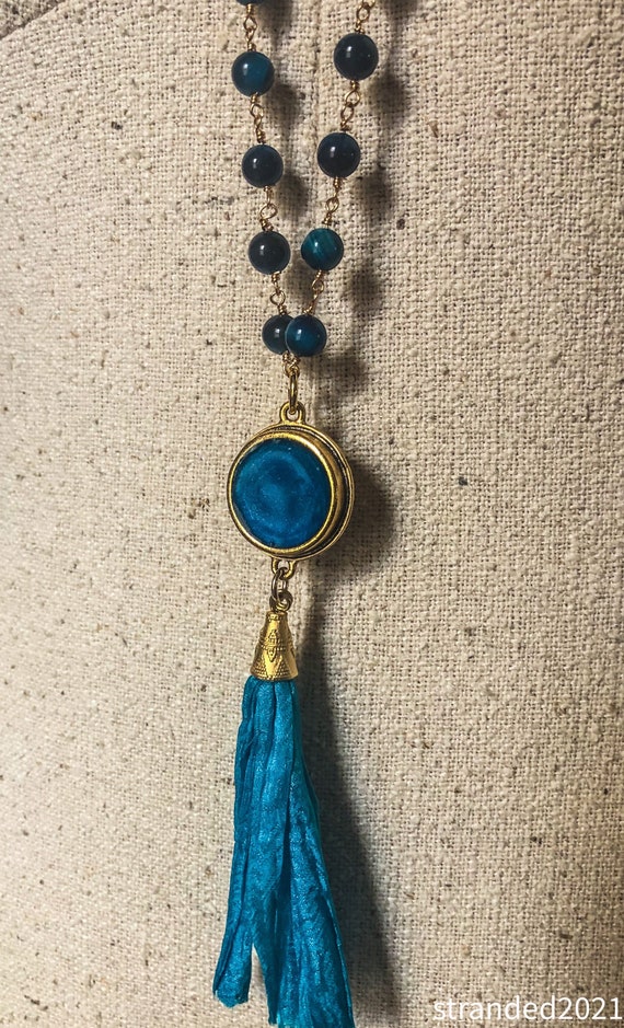 Sapphire Blue Resin and Tiger’s Eye Long Necklace