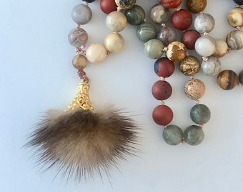 Mala Varied Jaspers & Brown Fur Tassel