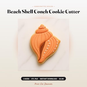 Puede incluir: Una galleta con forma de caracola decorada con glaseado naranja, con crestas en relieve y una fila de pequeños puntos blancos en el lateral. El texto Beach Shell Conch Cookie Cutter, 4 SIZES, STL FILE, INSTANT DOWNLOAD y Print. Cut. Decorate. es visible.