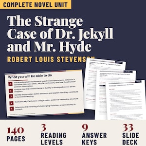 May include: A complete novel unit for The Strange Case of Dr. Jekyll and Mr. Hyde by Robert Louis Stevenson. Includes a learning targets document, comprehension and character analysis worksheets, and an answer key, totaling 140 pages.