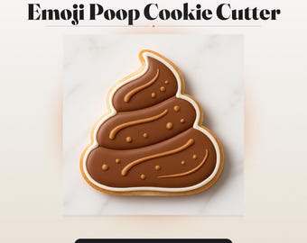 May include: A brown, swirled poop emoji-shaped cookie with white icing outlines and small dot details. The text above reads Handcrafted Design Emoji Poop Cookie Cutter, and the text below reads 4 Sizes STL File Instant Download $3.99 Print. Cut. Decorate.