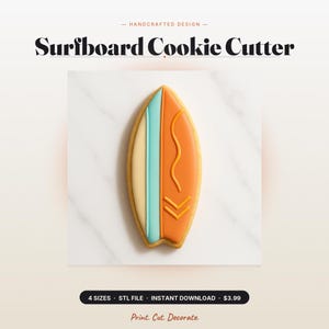 May include: A surfboard-shaped biscuit decorated with icing in shades of orange, light blue, and cream. The biscuit features a vertical stripe design, a wavy line, and two chevron shapes. The text Surfboard Cookie Cutter is displayed above.