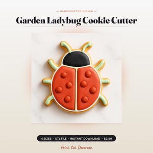 May include: A decorated cookie in the shape of a ladybug. The cookie has a red body with black spots, a black head, and green antennae and legs. The text "Garden Ladybug Cookie Cutter" is above the cookie.