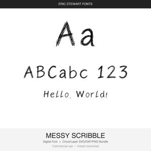 May include: A digital font sample with the text "ERIC STEWART FONTS" at the top. The font, called "MESSY SCRIBBLE", is displayed with the letters "Aa", "ABCabc 123", and the phrase "Hello, World!". The font is available as a digital download.
