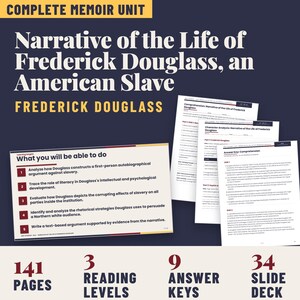 May include: A complete memoir unit for Narrative of the Life of Frederick Douglass, an American Slave. Includes a learning targets slide, comprehension worksheets, character analysis pages, and an answer key, totaling 141 pages, 3 reading levels, 9 answer keys, and a 34 slide deck.