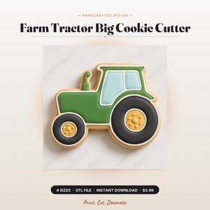 Farm Tractor Big Cookie Cutter | Animal Lover Baking | 4 Sizes STL File | 3D Print Fondant & Clay
