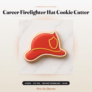 Peut inclure: Emporte-pièce en forme de casque de pompier rouge avec un contour jaune et blanc. Le texte "Career Firefighter Hat Cookie Cutter" est au-dessus de l'emporte-pièce.