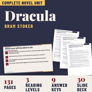 May include: A complete novel unit for Dracula by Bram Stoker featuring a slide deck, comprehension worksheets, and character analysis pages. The materials include learning targets, answer keys, and text-based questions on a dark blue background.