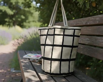 Bolso tote Wayuu en tonos tierra, bolso shopper de crochet colombiano geométrico, bolso de hombro estilo boho