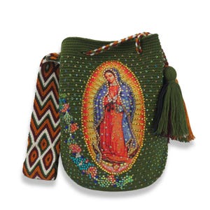 Guadalupe Jungfrau Wayuu Tasche mit Kristallen verzierte Strass große handgemachte kolumbianische Tasche, bunte häkeln Crossbody religiöses mochila