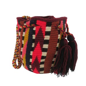 Wayuu bag small size geometric design handmade with exclusive original bag Colombian mochila crochet shoulder bag nature inspired tassels
