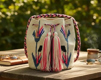 Handmade Wayuu Bag: Colombian Crochet Mochila with Floral Design