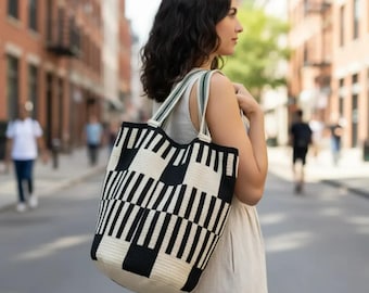 Puede incluir: Un bolso tote con un llamativo patrón geométrico en blanco y negro con rayas verticales y bloques rectangulares. El bolso tiene dos correas para el hombro y una forma estructurada tipo cubo, hecho de material textil tejido.