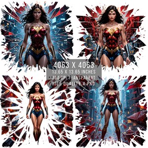 4 PNG W femmes super-héros Fan art effet éclaboussures et verre | Style bande dessinée | Fichier PNG Transparent W-Woman à téléchargement numérique par sublimation