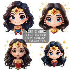 4 femmes PNG W grosse tête super-héros Fan art Style Kawaii PNG W-femme Fichier PNG transparent pour téléchargement numérique par sublimation