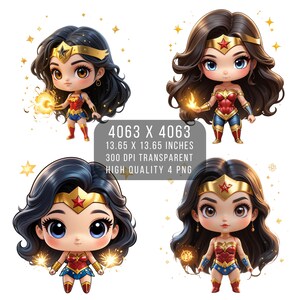 4 femmes PNG W grosse tête super-héros Fan art Style Kawaii PNG W-femme Fichier PNG transparent pour téléchargement numérique par sublimation