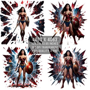 4 PNG W femmes super-héros Fan art effet éclaboussures et verre | Style bande dessinée | Fichier PNG Transparent W-Woman à téléchargement numérique par sublimation