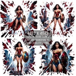 4 PNG W femmes super-héros Fan art effet éclaboussures et verre | Style bande dessinée | Fichier PNG Transparent W-Woman à téléchargement numérique par sublimation