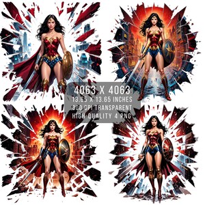 4 PNG W femmes super-héros Fan art effet éclaboussures et verre | Style bande dessinée | Fichier PNG Transparent W-Woman à téléchargement numérique par sublimation