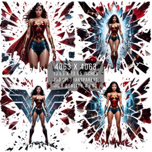 4 PNG W femmes super-héros Fan art effet éclaboussures et verre | Style bande dessinée | Fichier PNG Transparent W-Woman à téléchargement numérique par sublimation