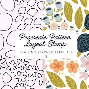 Puede incluir: Un diseño de arte digital que presenta cuatro muestras de patrones distintos. Los patrones incluyen diseños florales y geométricos en varios colores, incluyendo rosa, blanco, azul, naranja y verde. Se muestra el texto "Procreate Pattern Layout Stamp" y "Trailing Flower Template 3".
